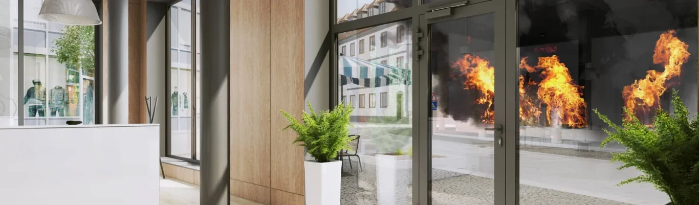 Porte coupe-feu vitrée Intérieur moderne avec des plantes et une vue sur un feu à l'extérieur.