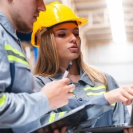 Audit de portes coupe-feu Deux travailleurs en uniforme de chantier discutent avec un plan et un ordinateur portable.