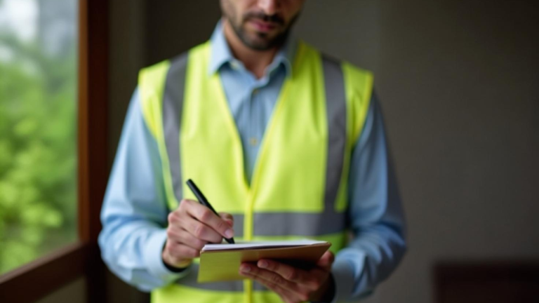 vérification de portes coupe-feu Homme en gilet de sécurité, prenant des notes sur un carnet, près d'une fenêtre.